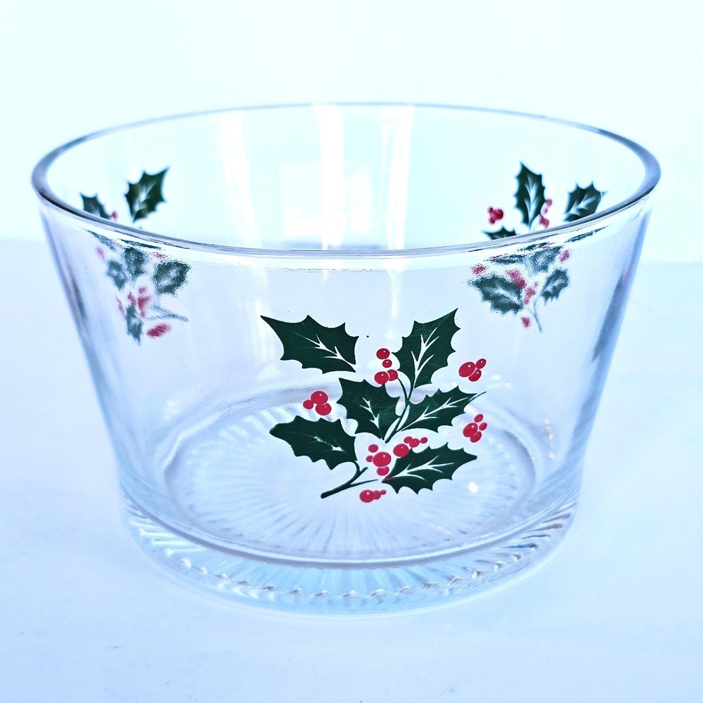 Vintage Christmas Glass Serving Bowl Holly Berry Pattern Holiday Tablescape